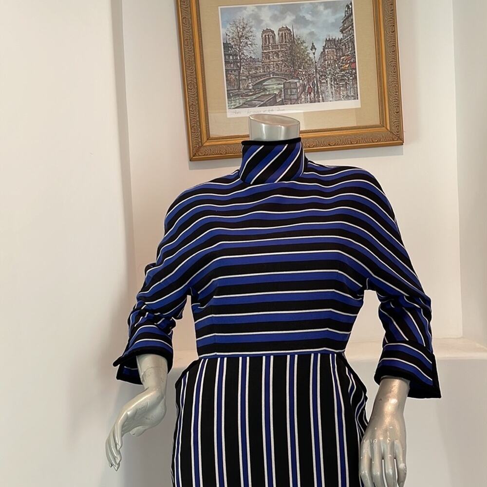 Olympia Le-Tan Striped Dress Sz 42 Blue Black Mock Neck Paris Designer - Picture 9 of 16
